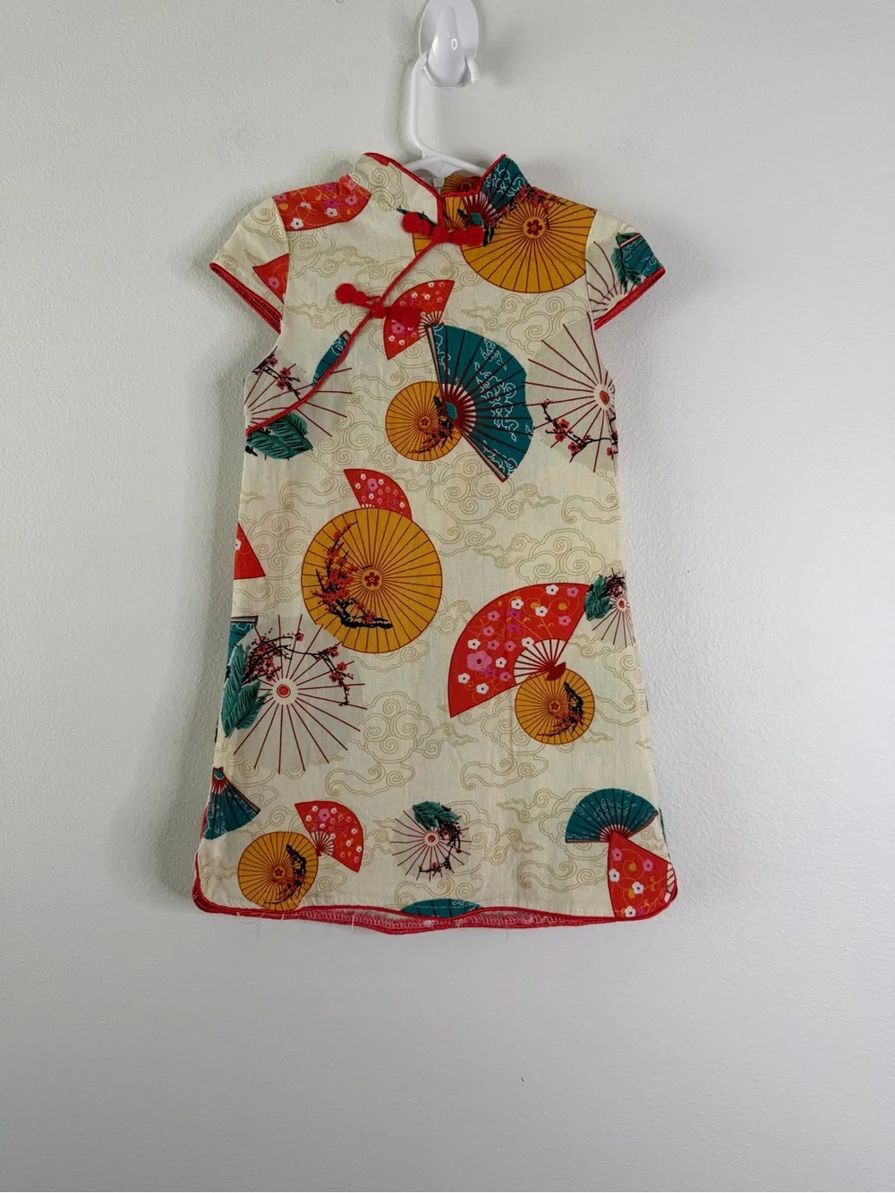 Toddler Asian Inspired Cheongsam Dress Red Gold Fan Print Size 3T Disneys Epcot‎